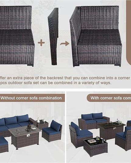 Patio Furniture Sectional Sofa Set 7-Pieces PE Rattan Patio Conversation Set w/43in Gas Fire Pit Table, Outdoor Furniture with 55000 BTU Propane Fire Pit, Navy Blue - LeafyLoom
