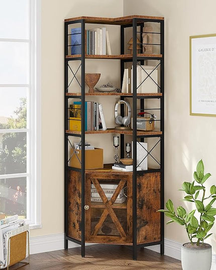 YITAHOME Corner Bookshelf with Storage, 7-Tier Corner Shelf with Doors, Large Corner Bookcase Display Rack for Living Room Bedroom Home Office, Rustic Brown - LeafyLoom