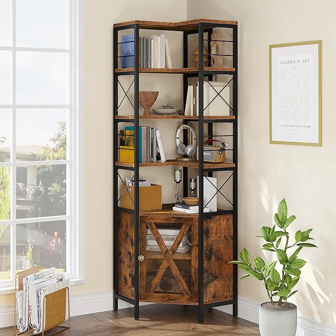 YITAHOME Corner Bookshelf with Storage, 7-Tier Corner Shelf with Doors, Large Corner Bookcase Display Rack for Living Room Bedroom Home Office, Rustic Brown - LeafyLoom