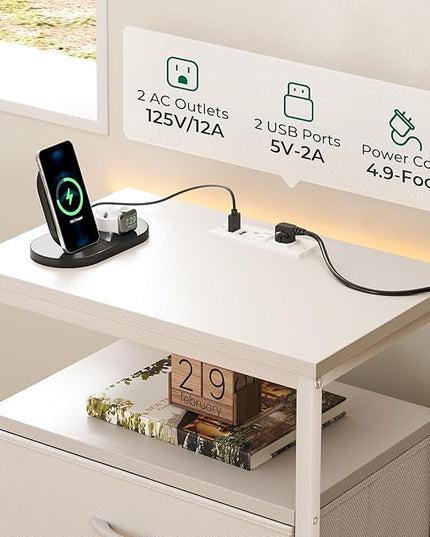 Night Stand with Charging Station, Multiple Drawer Dresser for Bedroom, Bedside Table, Tall Nightstand with PU Leather Finish, Open Shelf, End Table, for Closet, Entryway, Bedroom, White - LeafyLoom