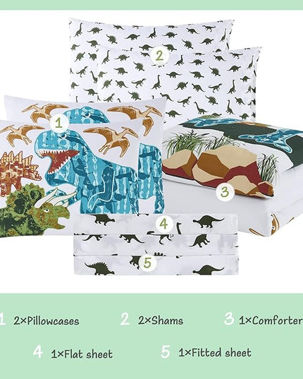 KALEIDOSPACE Gilrs Boys Full Size Bedding Set, 7 Piece Glow in The Dark Dinosaur Bed in A Bag-1 Comforter,2 Pillow Shams, 2 Pillowcases, 1 Flat Sheet, 1 Fitted Sheet - LeafyLoom
