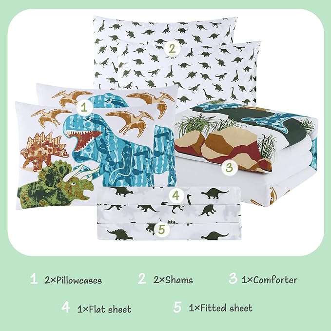 KALEIDOSPACE Gilrs Boys Full Size Bedding Set, 7 Piece Glow in The Dark Dinosaur Bed in A Bag-1 Comforter,2 Pillow Shams, 2 Pillowcases, 1 Flat Sheet, 1 Fitted Sheet - LeafyLoom