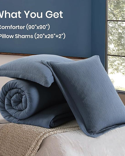 Blue Queen Comforter Set, Minimalist Premium Bedding for Queen Bed Set, Textured Crinkle Queen Bed Set 3 Piece with Farmhouse Modern Comforter & Shams (Queen, 90"x90", Grey Blue) - LeafyLoom