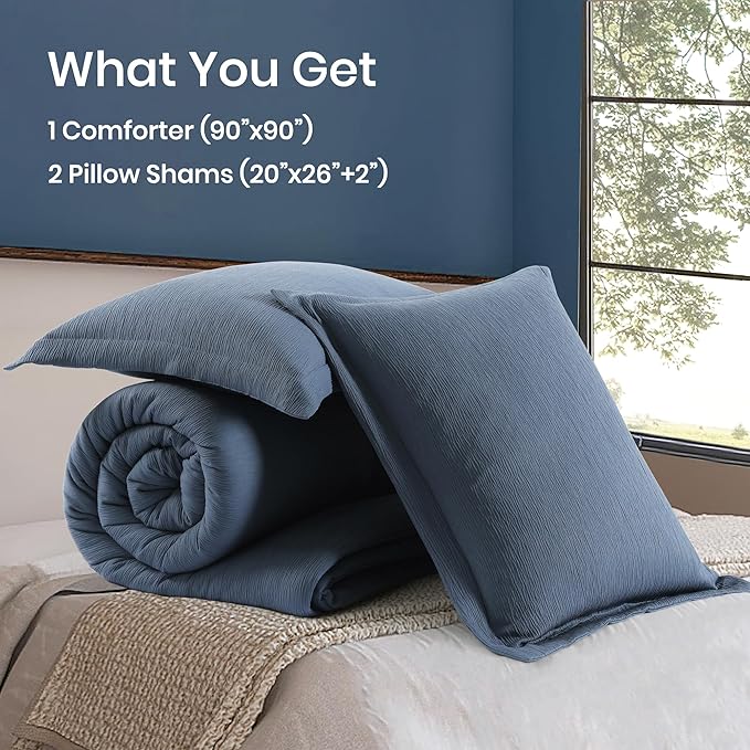 Blue Queen Comforter Set, Minimalist Premium Bedding for Queen Bed Set, Textured Crinkle Queen Bed Set 3 Piece with Farmhouse Modern Comforter & Shams (Queen, 90"x90", Grey Blue) - LeafyLoom