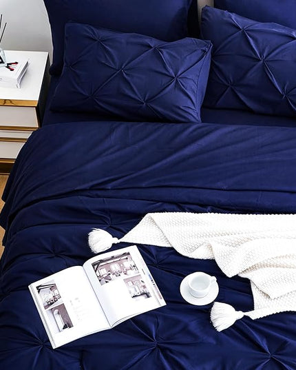 Ubauba 7pc Full Size Bed Comforter Set with Sheets, Dark Blue Pinch Pleating 7 Piece Bed in a Bag, Pintuck Royal Blue Bedding Sets for All Season (Navy,Full) - LeafyLoom