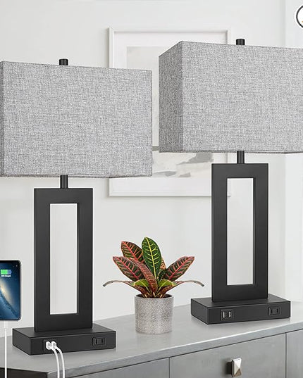Set of 2 Modern Touch Control Table Lamps with 2 USB Ports, 22’’ Large Bedside Nightstand Lamps 3-Way Dimmable Desk Lamp With Grey Fabric Shade For Bedrooms Living Room Reading, 2 LED Bulbs Included - LeafyLoom
