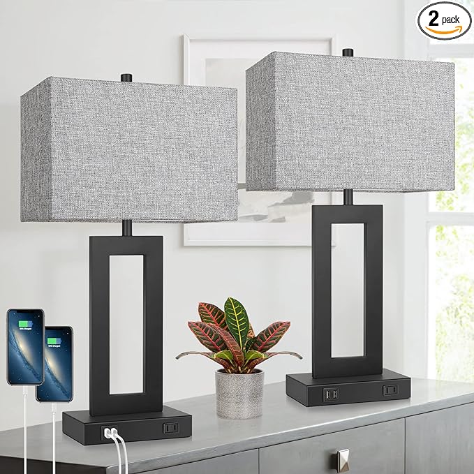 Set of 2 Modern Touch Control Table Lamps with 2 USB Ports, 22’’ Large Bedside Nightstand Lamps 3-Way Dimmable Desk Lamp With Grey Fabric Shade For Bedrooms Living Room Reading, 2 LED Bulbs Included - LeafyLoom