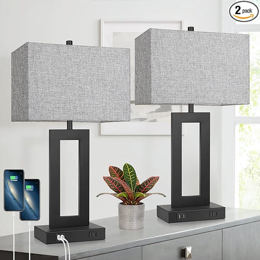 Set of 2 Modern Touch Control Table Lamps with 2 USB Ports, 22’’ Large Bedside Nightstand Lamps 3-Way Dimmable Desk Lamp With Grey Fabric Shade For Bedrooms Living Room Reading, 2 LED Bulbs Included - LeafyLoom