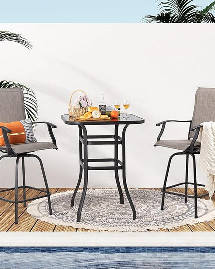 Shintenchi Patio Swivel Bar Set, All Weather Textile Fabric Outdoor High Stool Bistro Set with 2 Bar Chairs and Glass Table for Home, Backyard, Garden, Lawn, Porch (Brown), 3 Pieces - LeafyLoom
