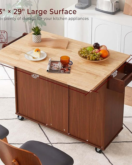 54" Rolling Kitchen Island Cart with Storage, Large Kitchen Cart with Folding Drop Leaf Breakfast Bar, Wood Island Table for Kitchen with 3 Drawers and Spice Rack & Towel Rack, Rustic Brown - LeafyLoom