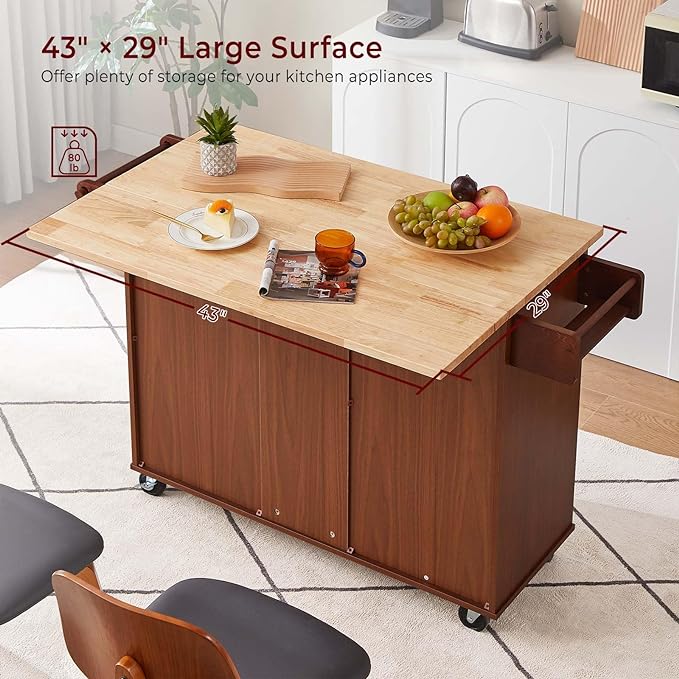 54" Rolling Kitchen Island Cart with Storage, Large Kitchen Cart with Folding Drop Leaf Breakfast Bar, Wood Island Table for Kitchen with 3 Drawers and Spice Rack & Towel Rack, Rustic Brown - LeafyLoom