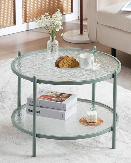 VINGLI 25.6" Small Light Bright Green Round Coffee Table Water-Wave Glass Circle Clear Center Coffee Table with 2-Tier Modern Storage Design for Living Room, Bedroom, Meeting Room, Balcony, Patio - LeafyLoom