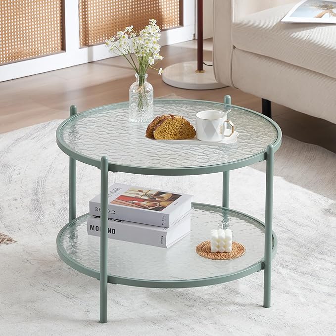 VINGLI 25.6" Small Light Bright Green Round Coffee Table Water-Wave Glass Circle Clear Center Coffee Table with 2-Tier Modern Storage Design for Living Room, Bedroom, Meeting Room, Balcony, Patio - LeafyLoom