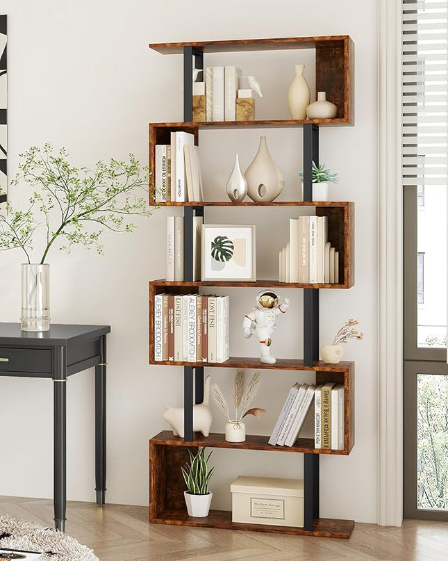 Yusong Geometric Bookcase, S Shaped Bookshelf 6-Tier Book Shelves for Bedroom, Modern Wood Decorative Display Shelf Tall Book Case for Home Office, Bown and Black - LeafyLoom
