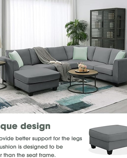 112" 7 Seats Sectional Solid Wood Sofa Sets with Ottoman,L Shape Upholstered Fabric Couch w/ 3 Pillows,for Living, Apartment,Huse or Conference Room,Grey - LeafyLoom
