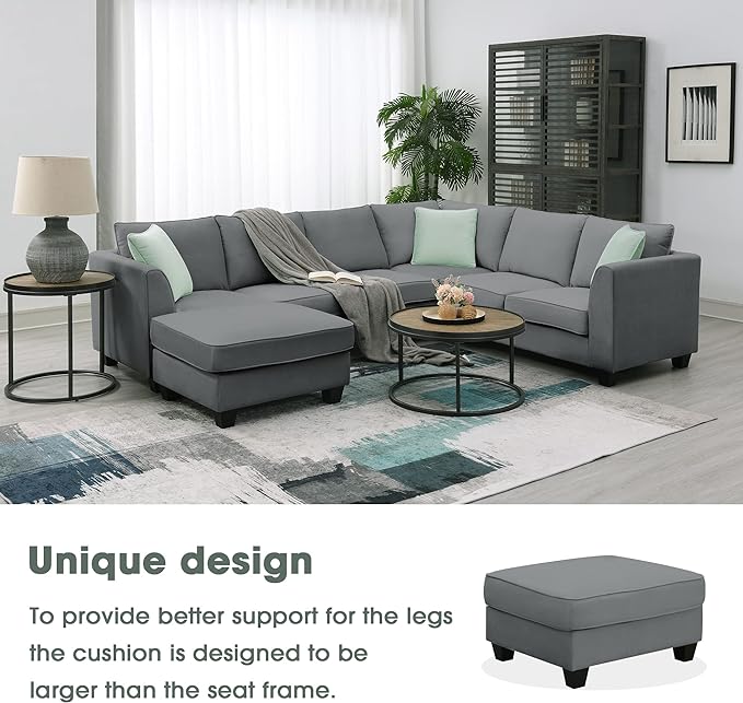 112" 7 Seats Sectional Solid Wood Sofa Sets with Ottoman,L Shape Upholstered Fabric Couch w/ 3 Pillows,for Living, Apartment,Huse or Conference Room,Grey - LeafyLoom