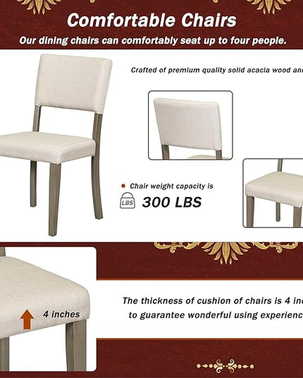 5-Piece Retro Round Dinette Sets Kitchen Dining Table with Curved Trestle Style Legs, 4 Upholstered Chairs, for Diningroom Living Room, Easy to Assemble, Taupe - LeafyLoom