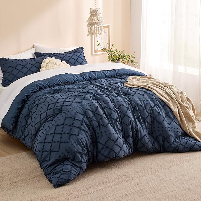 Bedsure California King Comforter Set - Navy Comforter, Boho Tufted Shabby Chic Bedding Comforter Set, 3 Pieces Farmhouse Bed Set for All Seasons, Fluffy Soft Bedding Set with 2 Pillow Shams - LeafyLoom