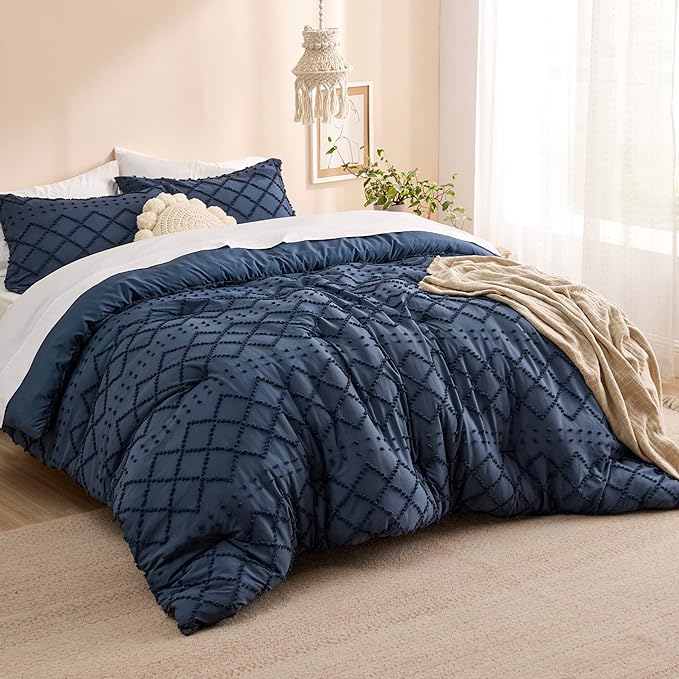 Bedsure Full Size Comforter Set - Navy Blue Comforter, Boho Tufted Shabby Chic Bedding Comforter Set, 3 Pieces Vintage Farmhouse Bed Set for All Seasons, Fluffy Bedding Set with 2 Pillow Shams - LeafyLoom
