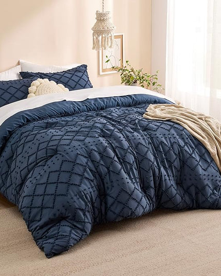 Bedsure Queen Comforter Set - Navy Blue Comforter, Boho Tufted Shabby Chic Bedding Comforter Set, 3 Pieces Vintage Farmhouse Bed Set for All Seasons, Fluffy Soft Bedding Set with 2 Pillow Shams - LeafyLoom