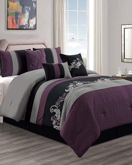 Chezmoi Collection Napa 7-Piece Luxury Leaves Scroll Embroidery Bedding Comforter Set (Queen, Purple/Black/Gray) - LeafyLoom