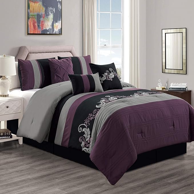 Chezmoi Collection Napa 7-Piece Luxury Leaves Scroll Embroidery Bedding Comforter Set (Queen, Purple/Black/Gray) - LeafyLoom
