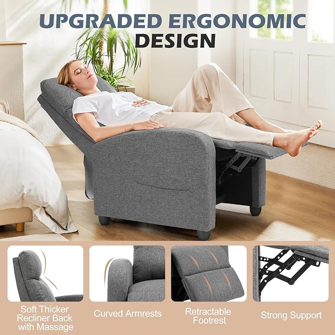 SMUG Recliner Chair Massage Reclining for Adults, Comfortable Fabric Recliner Adjustable Home Theater Seating Lounge with Padded Seat Backrest, Small Recliners for Living Room, Bedroom (Deep Grey) - LeafyLoom