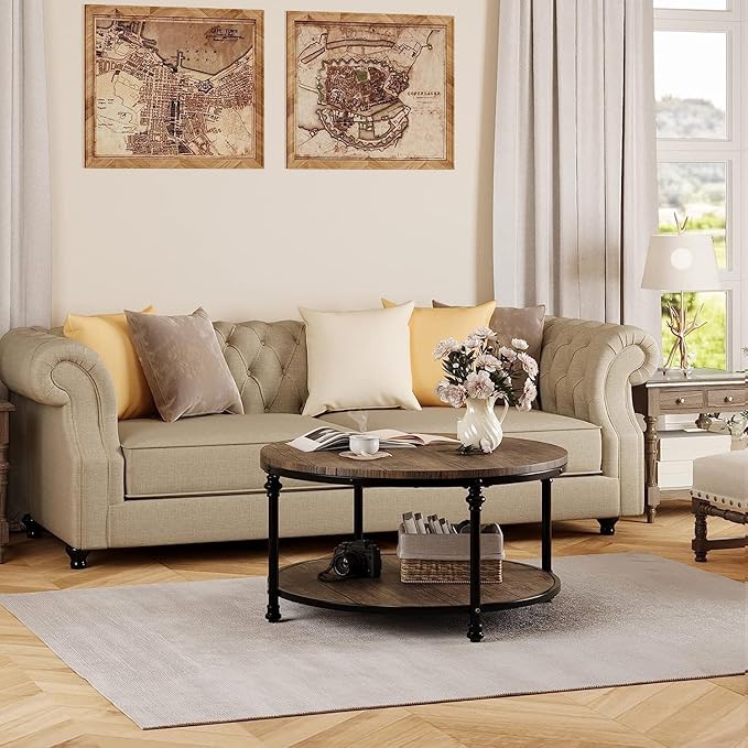 GAOMON Round Coffee Table Rustic Center Table with Storage Shelf 2-Tier Industrial Accent Center Table Wood Circle Coffee Table with Sturdy Metal Legs, Easy Assembly - LeafyLoom