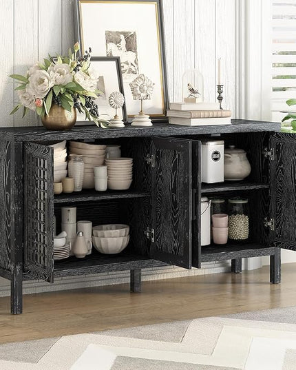 Merax Sideboard Buffet Cabinet, with Storage and 4 Mirror Doors, Retro Farmhouse Style, for Living, Dining Room and Kitchen, Black - LeafyLoom