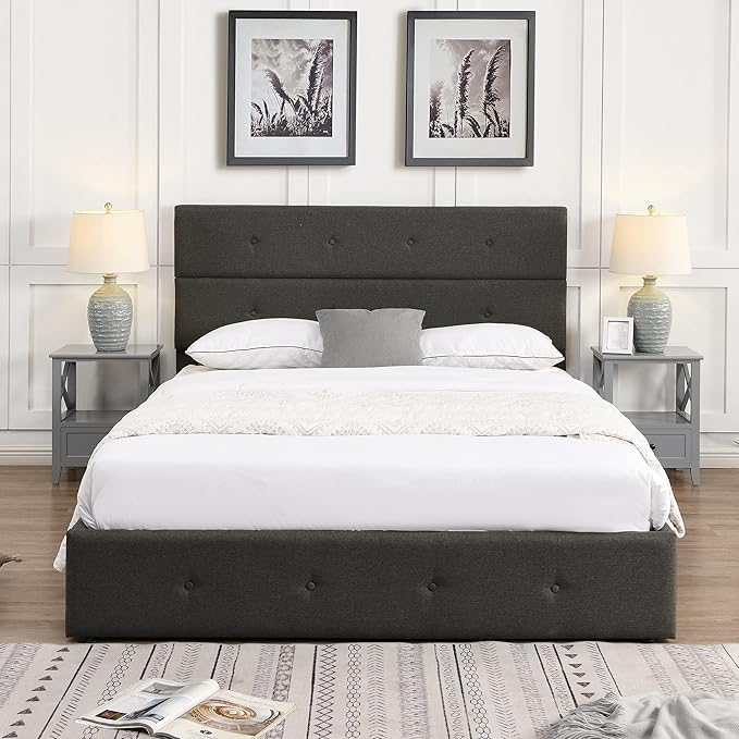 Queen Size Lift Up Storage Bed/Modern Upholstered Platform Bed Frame/Hydraulic Storage/No Box Spring Needed/Wood Slats Support - LeafyLoom