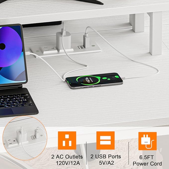 Furologee White Gaming Desk with Charging Station and LED Lights, 55" Office Computer Desk with Reversible Shelves and Fabric Drawer, Study Table with Monitor Stand and 2 Hooks for Home Office - LeafyLoom