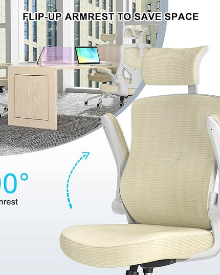 𝑯𝑶𝑴𝑬 𝑶𝑭𝑭𝑰𝑪𝑬 𝑪𝑯𝑨𝑰𝑹, Ergonomic Mesh Desk Chair, High Back Computer Chair- Adjustable Headrest with Flip-Up Arms, Lumbar Support, Swivel Executive Task Chair (Modern, Beige) - LeafyLoom