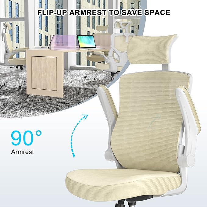 𝑯𝑶𝑴𝑬 𝑶𝑭𝑭𝑰𝑪𝑬 𝑪𝑯𝑨𝑰𝑹, Ergonomic Mesh Desk Chair, High Back Computer Chair- Adjustable Headrest with Flip-Up Arms, Lumbar Support, Swivel Executive Task Chair (Modern, Beige) - LeafyLoom