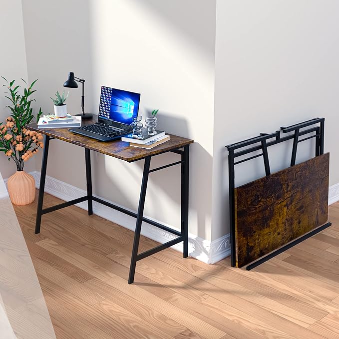ASTARTH Folding Desk-40 Inch Writing Computer Desk, Space Saving Foldable Table, Modern Simple Style PC Table, Black Metal Frame-Home Office Desk, No Assembly Required, Rustic Brown - LeafyLoom