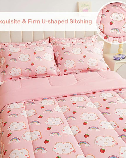 Mooreeke Bed in a Bag for Kids Girls Teens, 5 Pieces Twin Size Comforter Bed Set with Shams, Sheet Set, Rainbow Cloud Strawberry Pink Super Soft Microfiber Kids Comforter Bedding Set - LeafyLoom