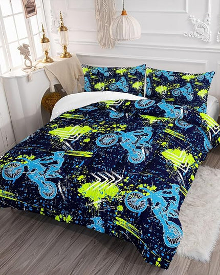 Axolotl Boys Dirt Bike Bedding Set Full,Dirt Bike Comforter Set,Extreme Sports Tie Dye Bedding Set Motor Biker,Motocross Rider Comforter Set for Boys Kids Teens Men,1 Quilt 2 Pillowcases,Blue Green - LeafyLoom