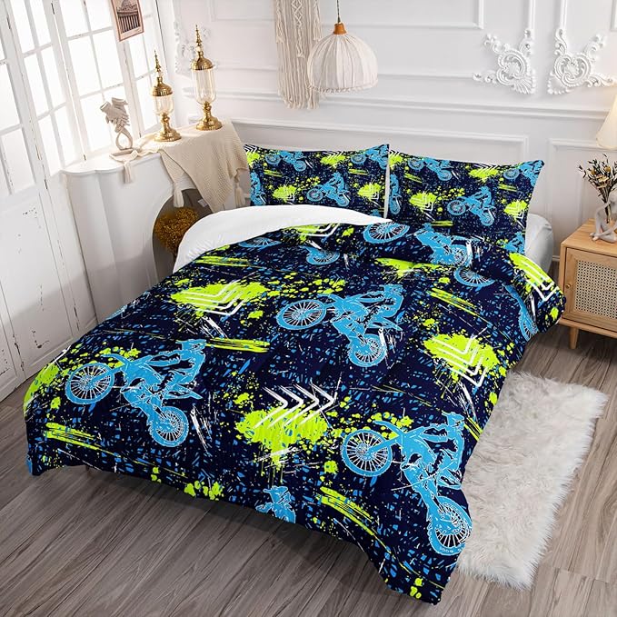 Axolotl Boys Dirt Bike Bedding Set Full,Dirt Bike Comforter Set,Extreme Sports Tie Dye Bedding Set Motor Biker,Motocross Rider Comforter Set for Boys Kids Teens Men,1 Quilt 2 Pillowcases,Blue Green - LeafyLoom