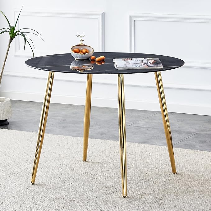 NicBex 40Inch Round Dining Table,Modern Kitchen Table with Imitation Marble Tabletop and Golden Metal Legs for 2 to 4,Leisure Coffee Table for Kitchen,Small Space and Living Room,Easy Clean,Black - LeafyLoom