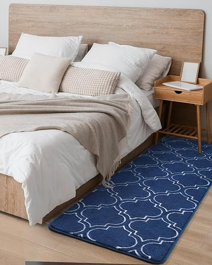 Chicrug Shag Geometric Modern Runner Rug for Bedroom, 2x6 Feet Memory Foam Indoor Hallway Runner Carpet, Fluffy Rug for Living Room Bedside Room Decor for Family, Navy/White - LeafyLoom