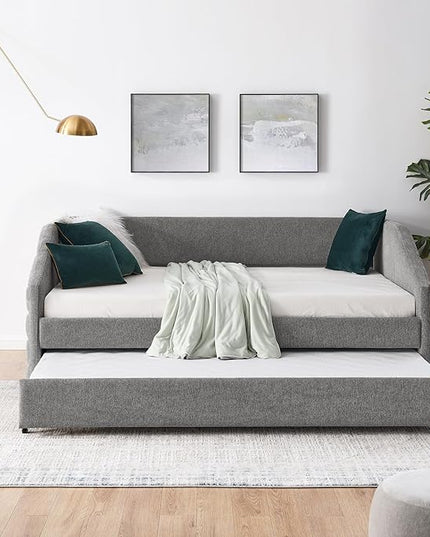 Full Size Daybed with Trundle Linen Upholstered Tufted Sofa Bed,Multi-Functional Day Bed Frame,No Box Spring Needed,for Bedroom, Guest Room,Grey (82.5"x58"x34" - LeafyLoom