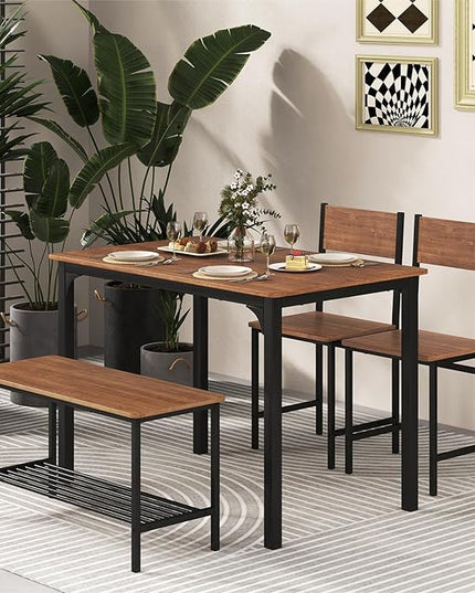 LDAILY Moccha Dining Table Set for 4, Wooden Kitchen Table with with 2 Chairs and a Long Bench, Modern 4-Piece Dinette with Metal Frame & Storage Rack, Space-Saving Table Set for Dining Room, Teak - LeafyLoom