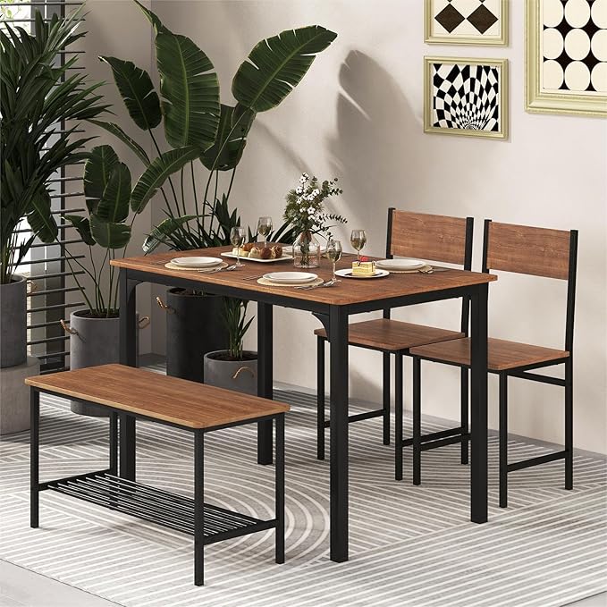 LDAILY Moccha Dining Table Set for 4, Wooden Kitchen Table with with 2 Chairs and a Long Bench, Modern 4-Piece Dinette with Metal Frame & Storage Rack, Space-Saving Table Set for Dining Room, Teak - LeafyLoom