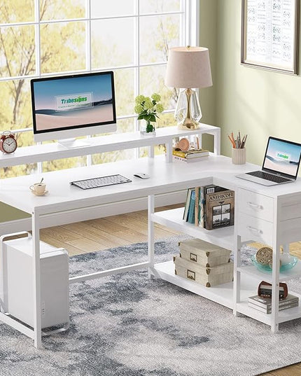 Reversible L-Shaped Computer Desk with hutch & Shelf,white - LeafyLoom