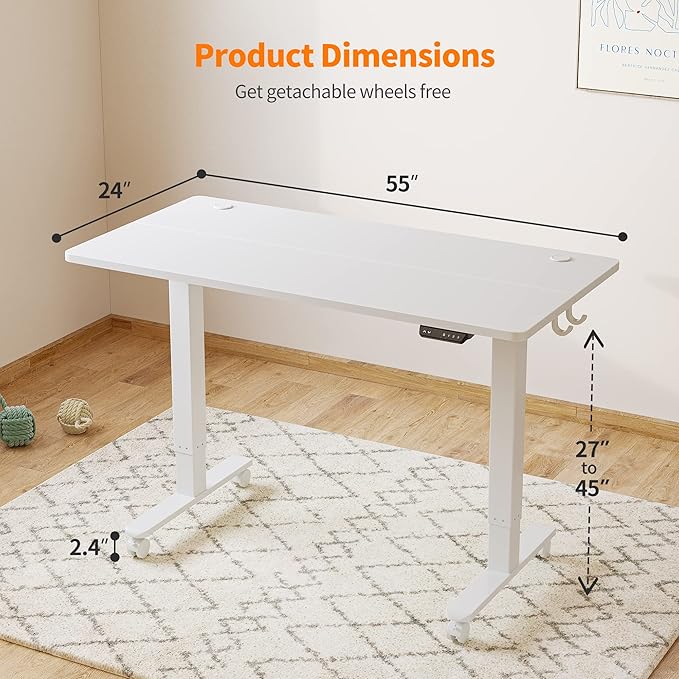Cubiker 55 x 24 Inch Standing Desk, Stand up Height Adjustable Home Office Electric Table, Sit Stand Desk with Splice Board, White Frame & White Desktop - LeafyLoom