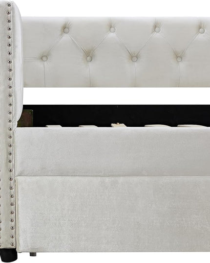 Velvet Upholstered Twin Size Daybed with Twin Trundle, Solid Wooden Sofa Bed Frame w/Button Tufted Backrest, No Box Spring Needed, for Bedroom, Living, Guest Room - LeafyLoom