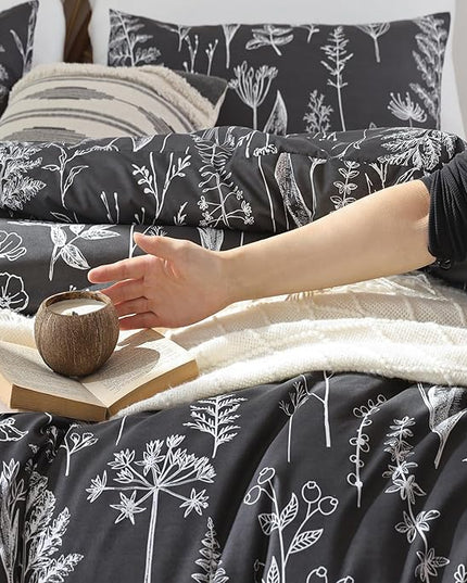 JANZAA Queen Comforter Set Dark Grey Comforter set Floral Comforter with 2 Pillow Cases Fluffy Microfiber Comforter Set for All Season Using Soft Comforter Set Boho - LeafyLoom