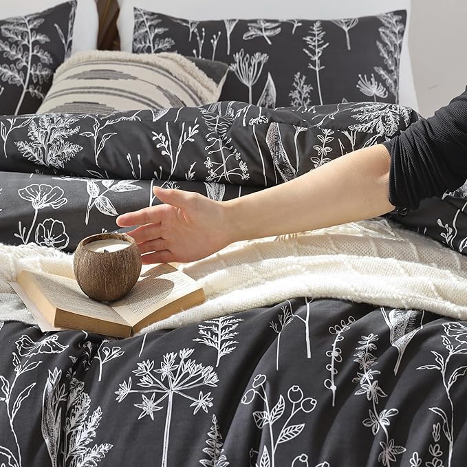 JANZAA King Size Comforter Set Dark Grey Comforter set Floral Comforter with 2 Pillow Cases Microfiber Soft Comforter Set for All Season Using Soft Comforter Set Boho - LeafyLoom