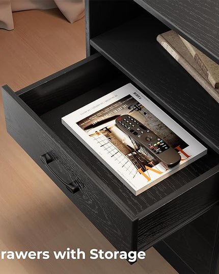 SUPERJARE File Cabinet with Charging Station and LED Light Strips, Drawers, End Table with USB Ports and Outlets, Black - LeafyLoom