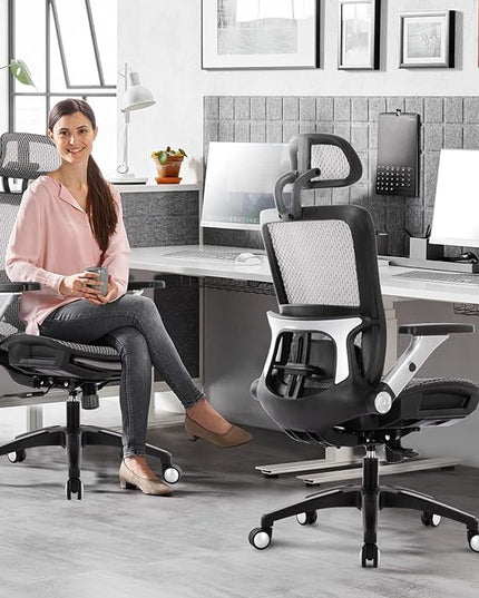 COLAMY Ergonomic Mesh Office Chair with Footrest, High Back Computer Executive Desk Chair with Headrest and 4D Flip-up Armrests, Adjustable Tilt Lock and Lumbar Support-Grey - LeafyLoom