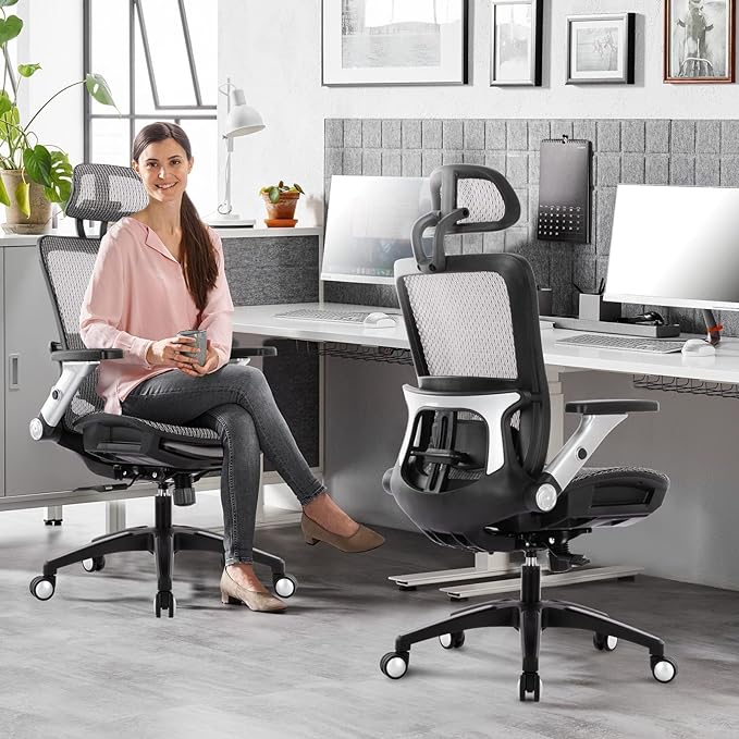 COLAMY Ergonomic Mesh Office Chair with Footrest, High Back Computer Executive Desk Chair with Headrest and 4D Flip-up Armrests, Adjustable Tilt Lock and Lumbar Support-Grey - LeafyLoom